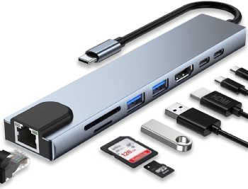 Hub 8 em 1 Tipo-C, HDMI 4K, RJ45 (Gigabit), 2x USB 3.0, Leitor de Cartão SD/TF, PD/USB C, GV Cabos