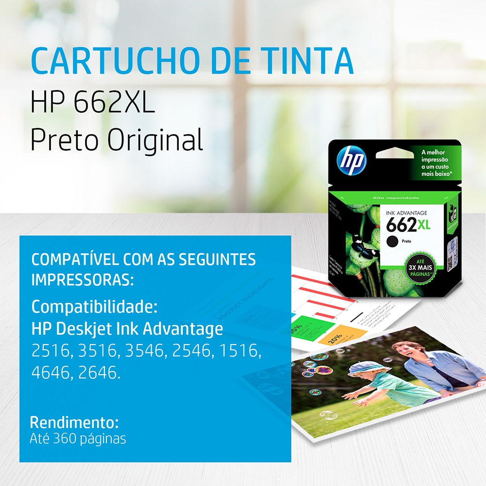 Cartucho de Tinta HP 662XL Preto de Alto Rendimento Advantage Original 6.5ml