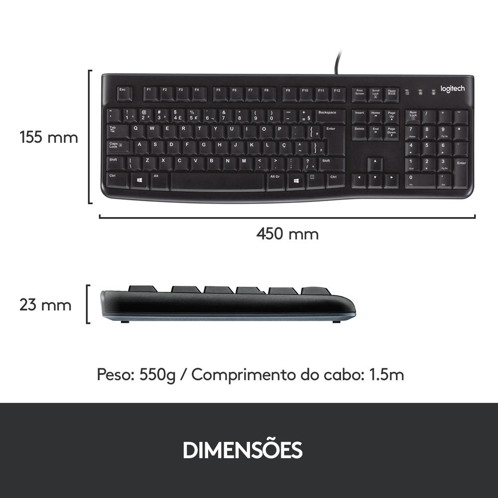 Teclado com Fio USB Logitech K120 Resistente à Respingos, Layout ABNT2, Compativel PC/Notebook