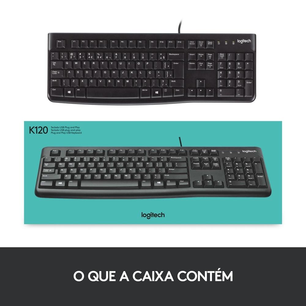Teclado com Fio USB Logitech K120 Resistente à Respingos, Layout ABNT2, Compativel PC/Notebook