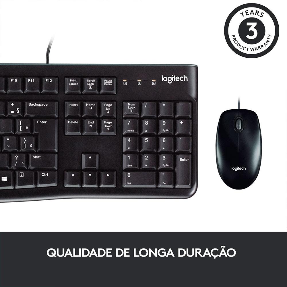 Teclado e Mouse com Fio USB Logitech MK120, Design Confortável, Resistente à Respingos, ABNT2, Preto