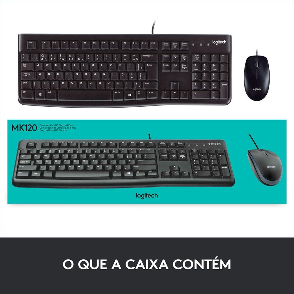 Teclado e Mouse com Fio USB Logitech MK120, Design Confortável, Resistente à Respingos, ABNT2, Preto