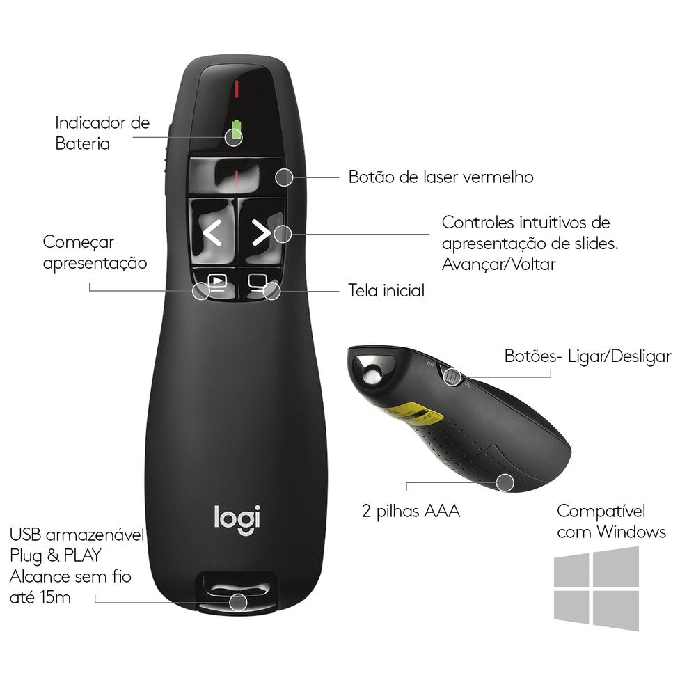 Apresentador sem Fio Logitech R400 com Laser Pointer Vermelho, Conexão USB e Pilha Inclusa