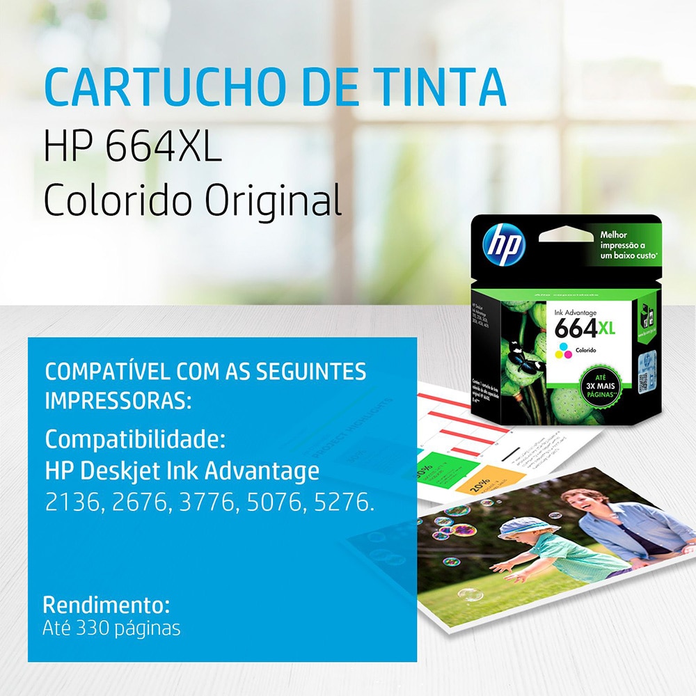 Cartucho de Tinta HP 664XL Colorido de Alto Rendimento Advantage Original 8ml