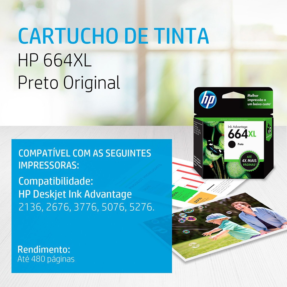 Cartucho de Tinta HP 664XL Preto de Alto Rendimento Advantage Original 8,5ml