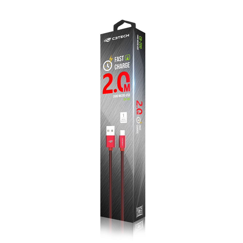 Cabo USB-Micro USB 2,0 a 2m Vermelho - C3Tech