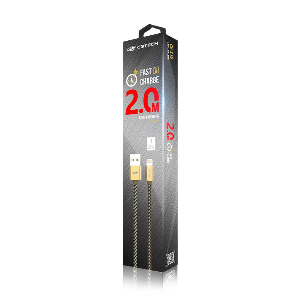 Cabo USB-Lightning 2,0 a 2m Dourado - C3Tech