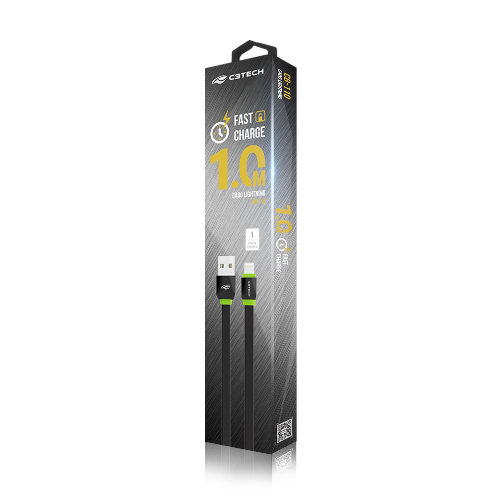 Cabo USB-Lightning 2,0 a 1m Preto - C3Tech