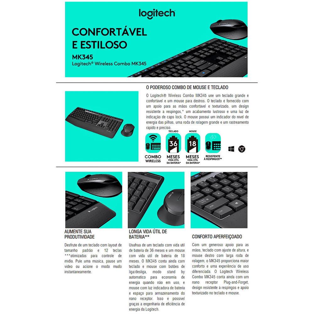 Teclado e Mouse sem Fio Logitech MK345, Teclado com Apoio, USB, Pilhas Inclusas, ABNT2, Preto