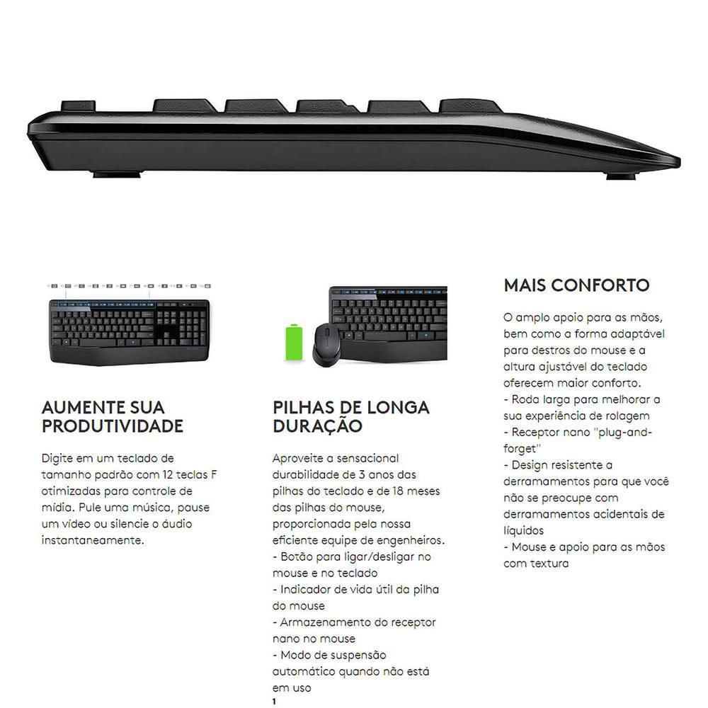 Teclado e Mouse sem Fio Logitech MK345, Teclado com Apoio, USB, Pilhas Inclusas, ABNT2, Preto