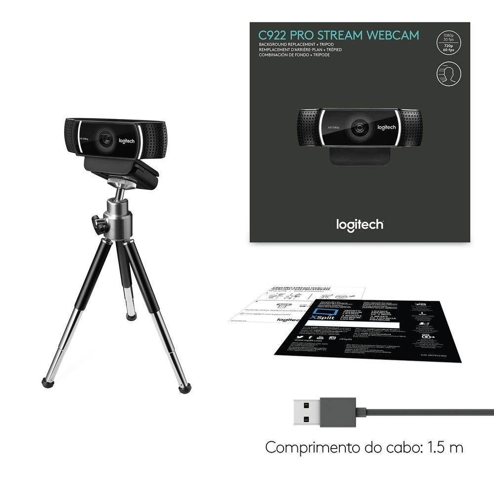 Webcam Full HD Logitech C922 Pro Stream, 1080P, Microfone Embutido, Tripé Incluso, 960-001087