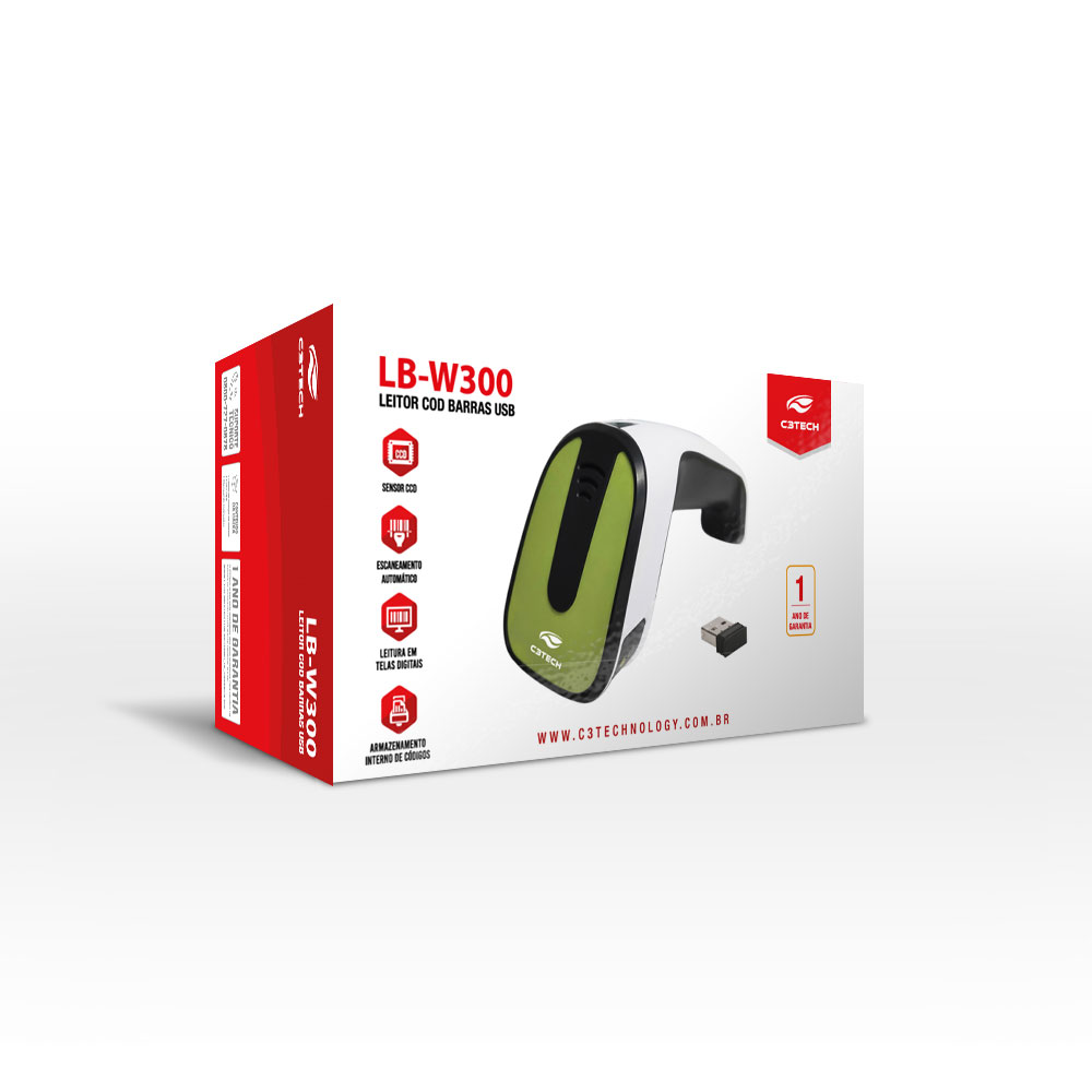 Leitor de Código de Barras sem Fio Preto/Verde - C3Tech