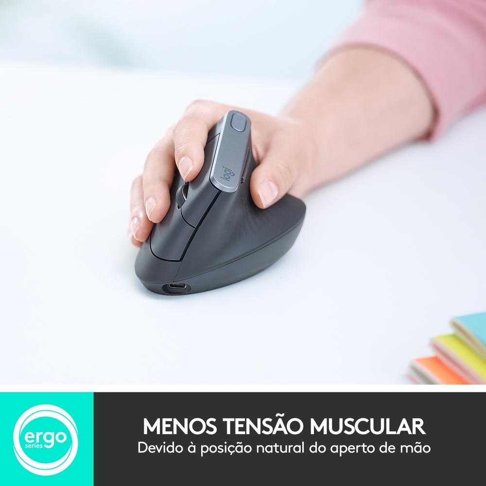 Mouse sem Fio Logitech Mx Vertical Ergonômico, USB Unifying ou Bluetooth, Recarregável - 910-005447