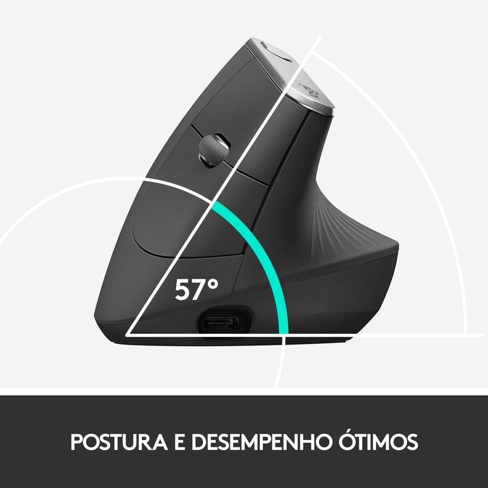 Mouse sem Fio Logitech Mx Vertical Ergonômico, USB Unifying ou Bluetooth, Recarregável - 910-005447