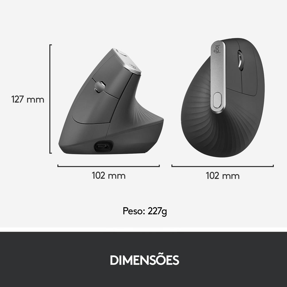 Mouse sem Fio Logitech Mx Vertical Ergonômico, USB Unifying ou Bluetooth, Recarregável - 910-005447