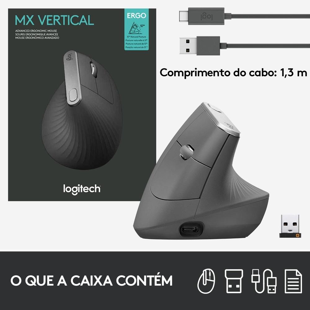 Mouse sem Fio Logitech Mx Vertical Ergonômico, USB Unifying ou Bluetooth, Recarregável - 910-005447