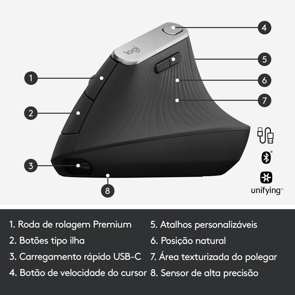 Mouse sem Fio Logitech Mx Vertical Ergonômico, USB Unifying ou Bluetooth, Recarregável - 910-005447
