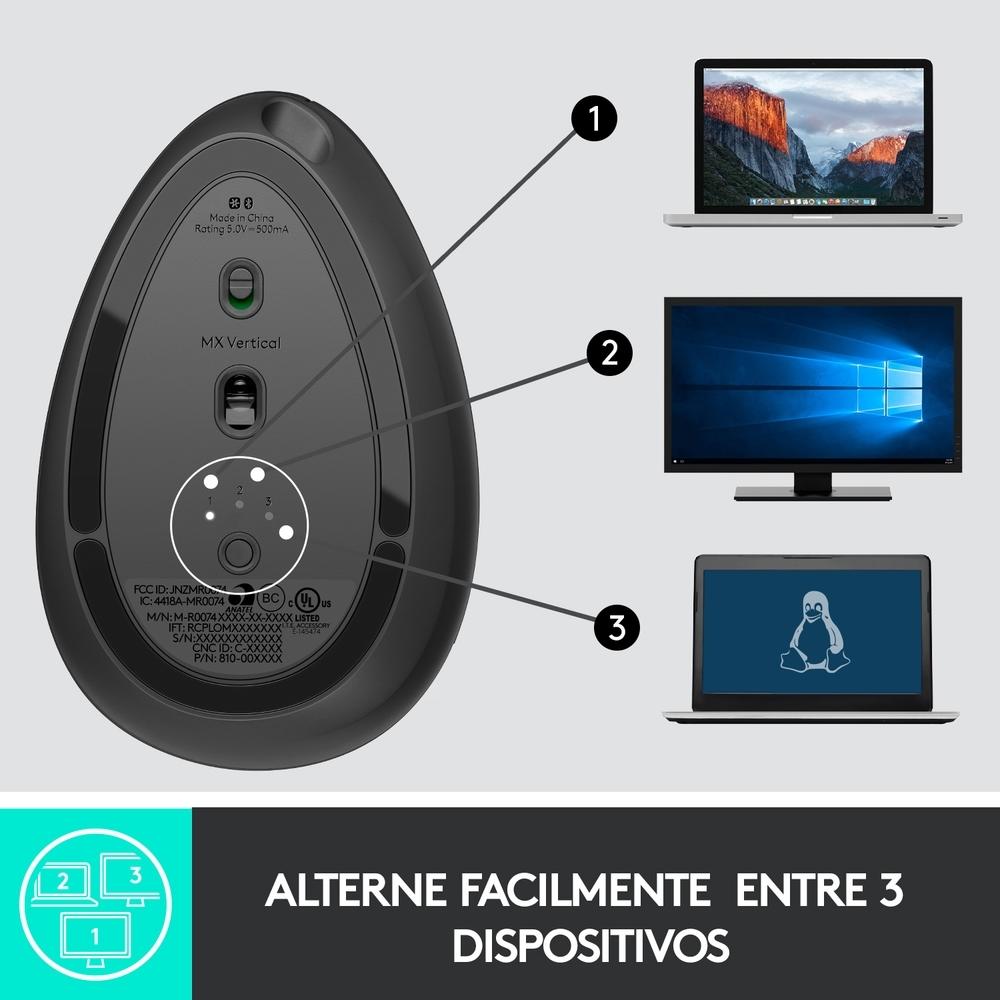Mouse sem Fio Logitech Mx Vertical Ergonômico, USB Unifying ou Bluetooth, Recarregável - 910-005447