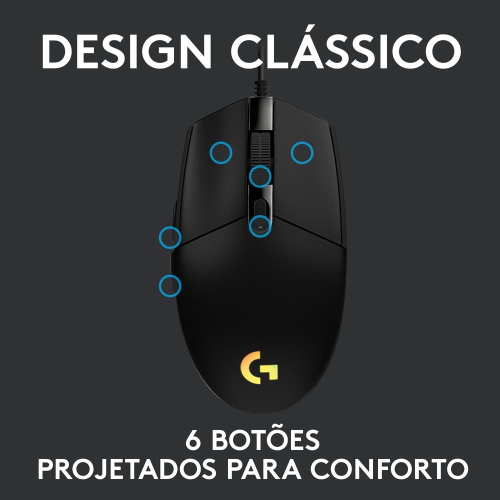 Mouse Gamer Logitech G203 LightSync RGB, Efeito de Ondas de Cores, 6 Botões,até 8.000 Dpi,preto