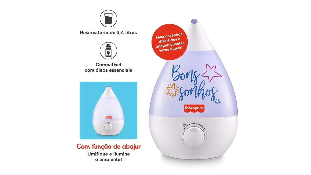 Umidificador de Ar Multilaser, 3,4L Ultrassonico Fisher Price, Branco, HC115