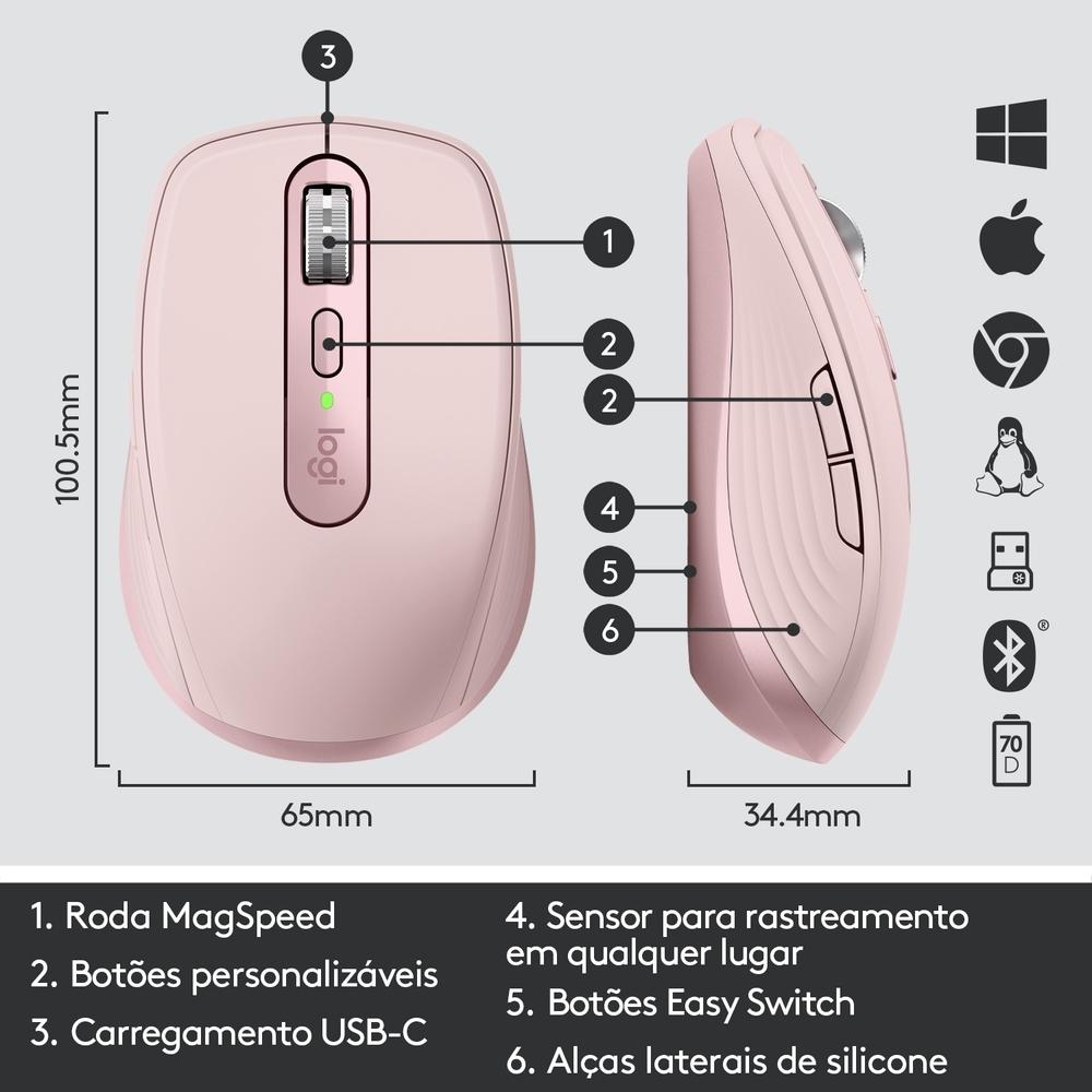 Mouse sem Fio Logitech Mx Anywhere 3, USB Unifying ou Bluetooth, Mac, iPad, PC, Linux, Chrome, Rosa