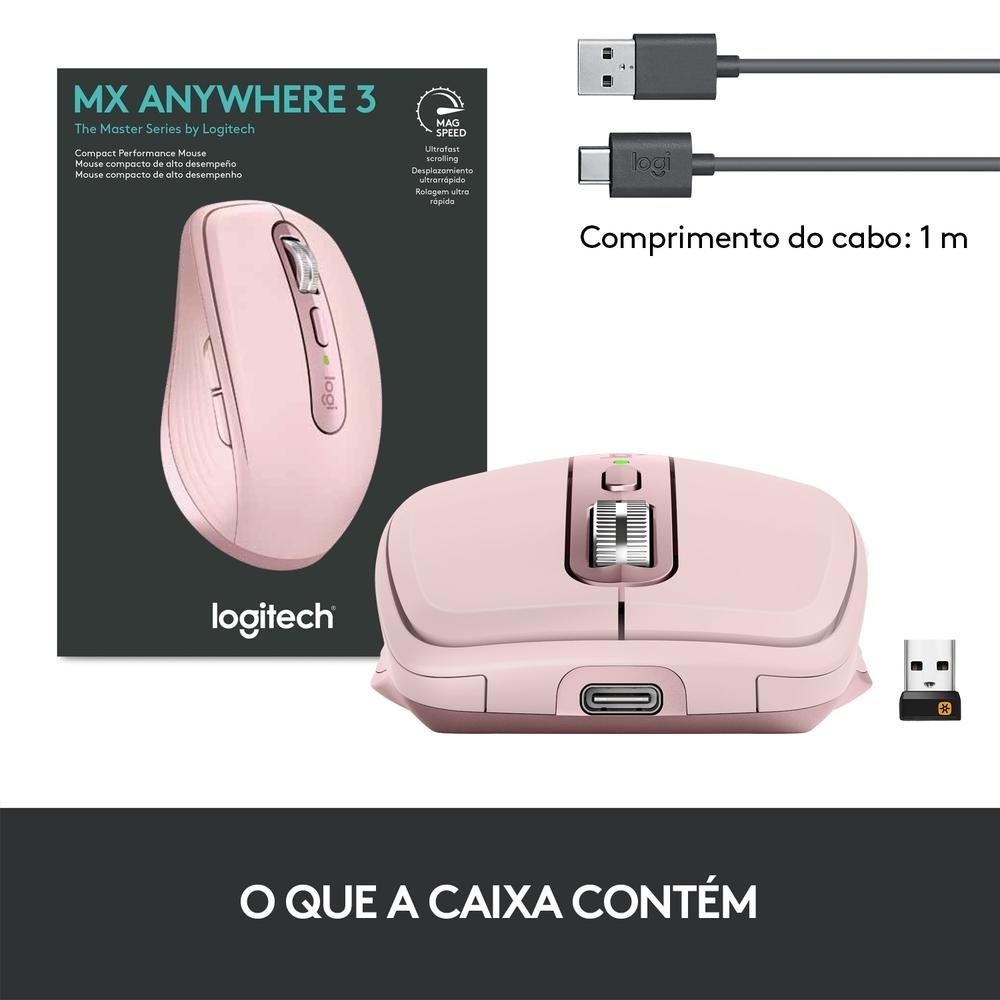Mouse sem Fio Logitech Mx Anywhere 3, USB Unifying ou Bluetooth, Mac, iPad, PC, Linux, Chrome, Rosa