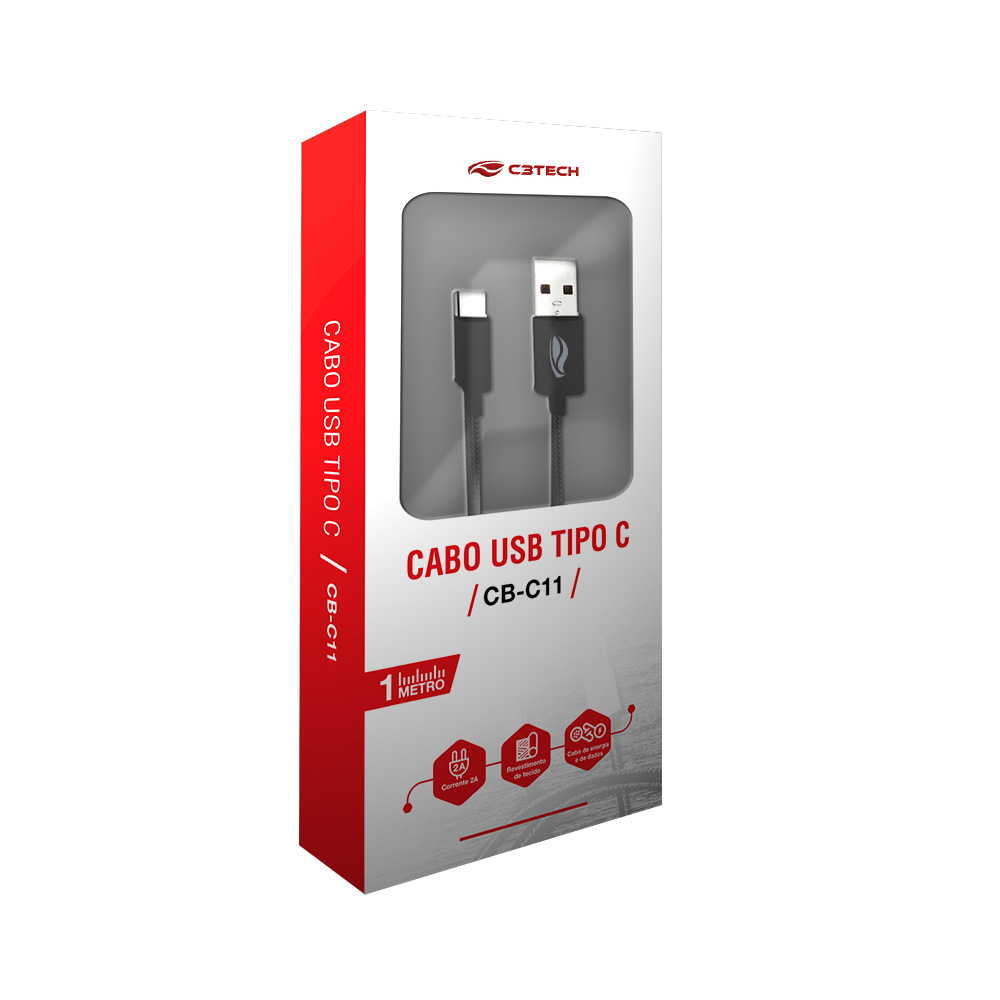 Cabo USB-USB C 1m 2A CB-C11BK Preto - C3 Tech