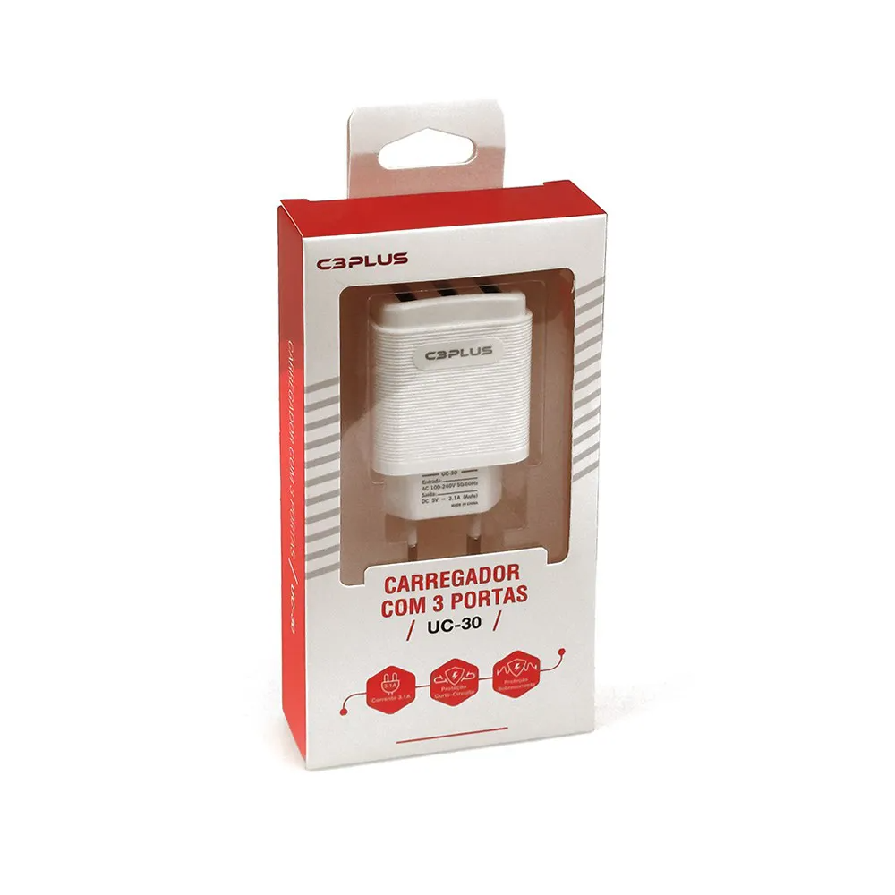 Carregador Universal 3 1A AC/USB UC-30WH - C3 Tech