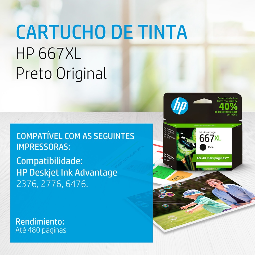Cartucho de Tinta HP 667XL Preto Advantage de Alto Rendimento Original 8,5ml