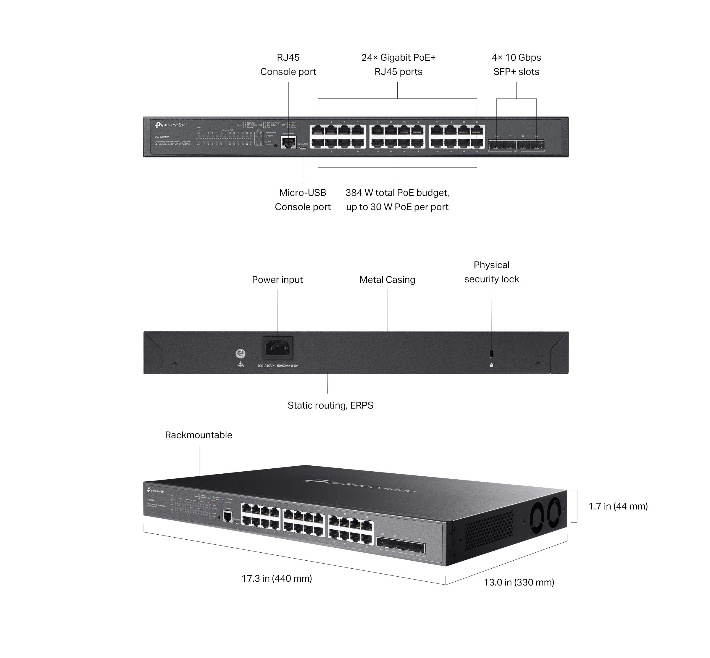 Switch 24P POE+ 10/100/1000 Gigabit L2+ 4 Slots SFP+ 10GBE - Tp-Link