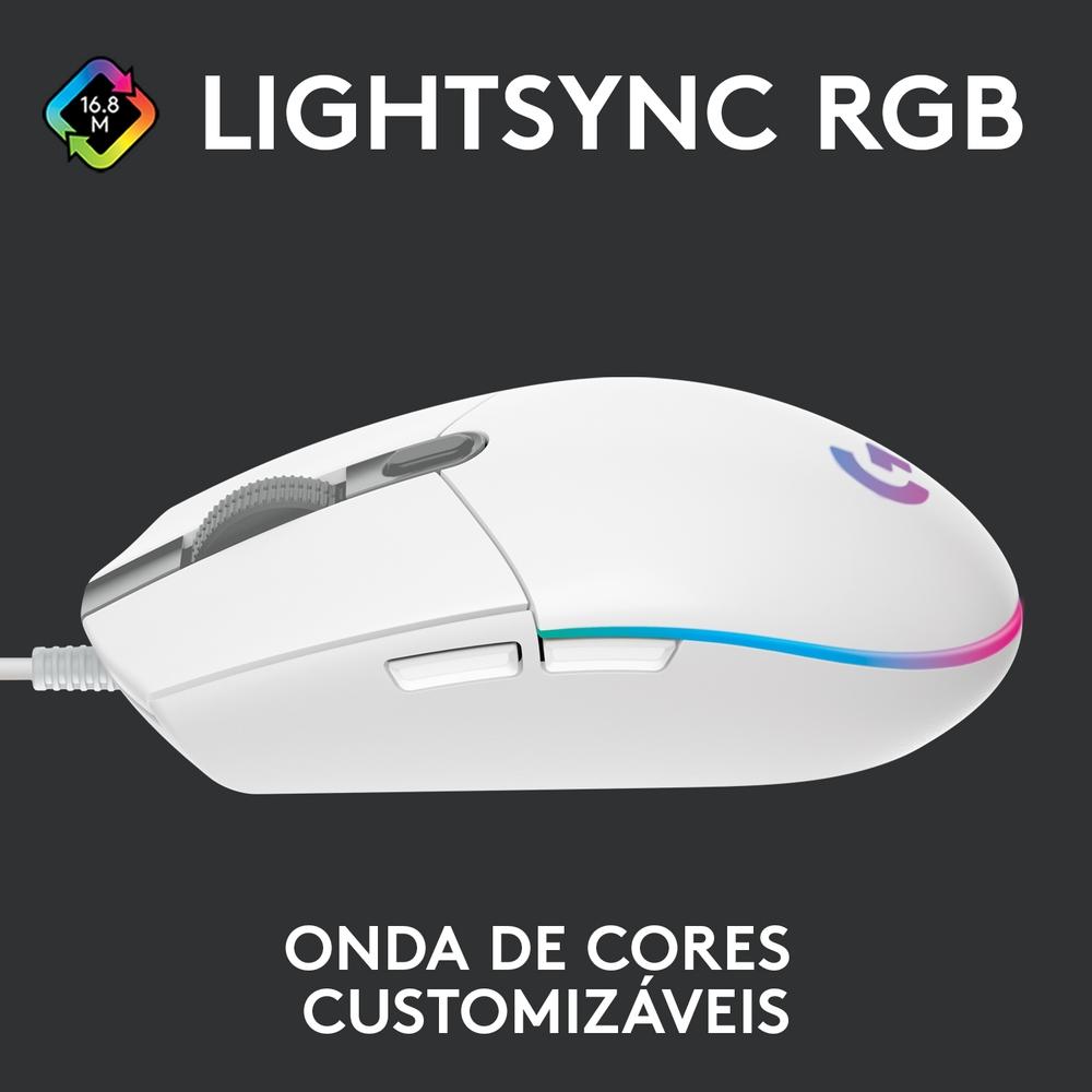 Mouse Gamer Logitech G203 LightSync RGB, Efeito de Ondas de Cores, 6 Botões,até 8.000 DPI- Branco