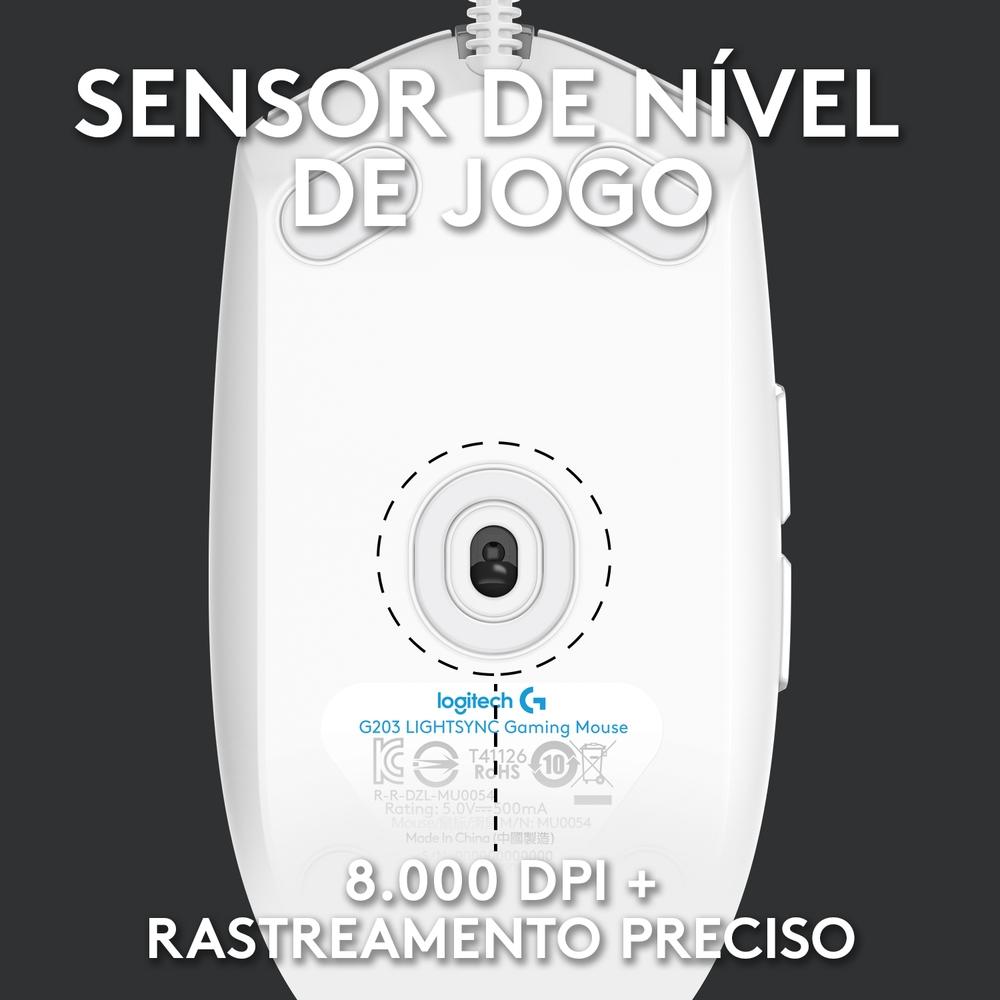 Mouse Gamer Logitech G203 LightSync RGB, Efeito de Ondas de Cores, 6 Botões,até 8.000 DPI- Branco