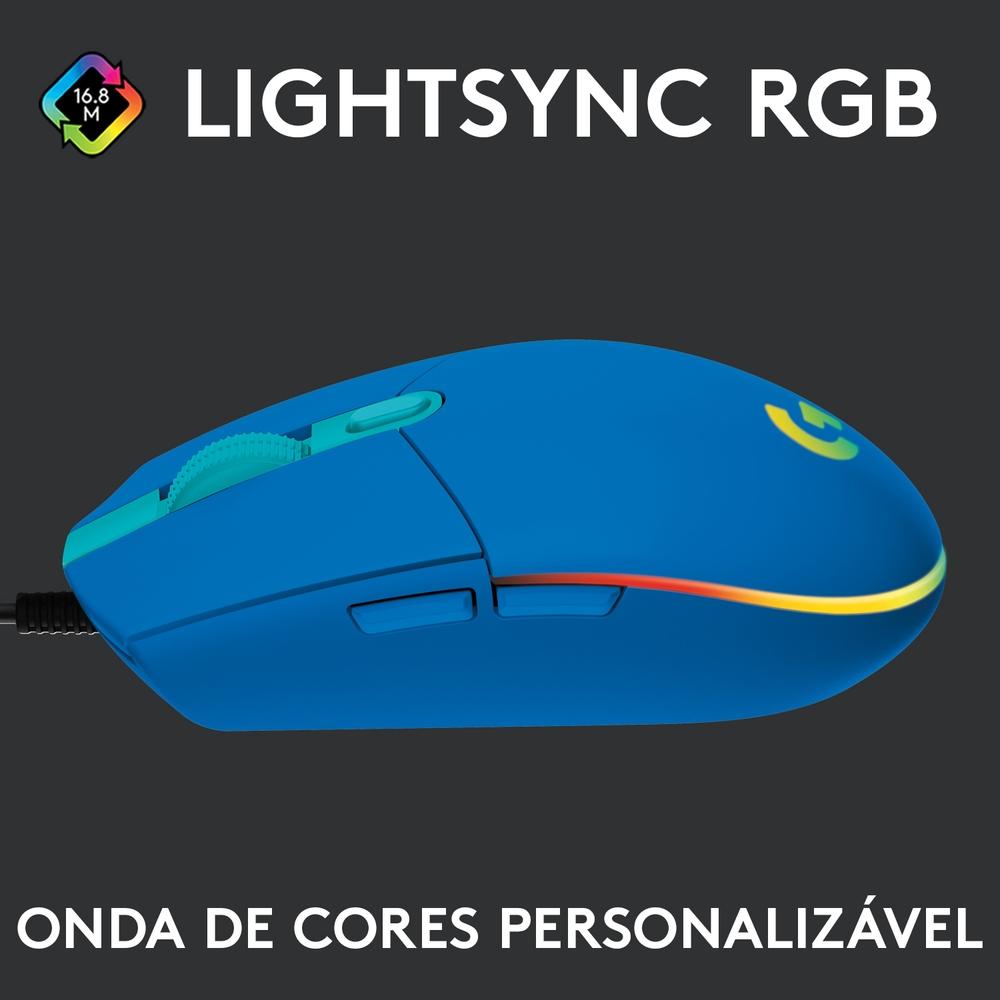 Mouse Gamer Logitech G203 LightSync RGB, Efeito de Ondas de Cores, 6 Botões,até 8.000 DPI, Azul