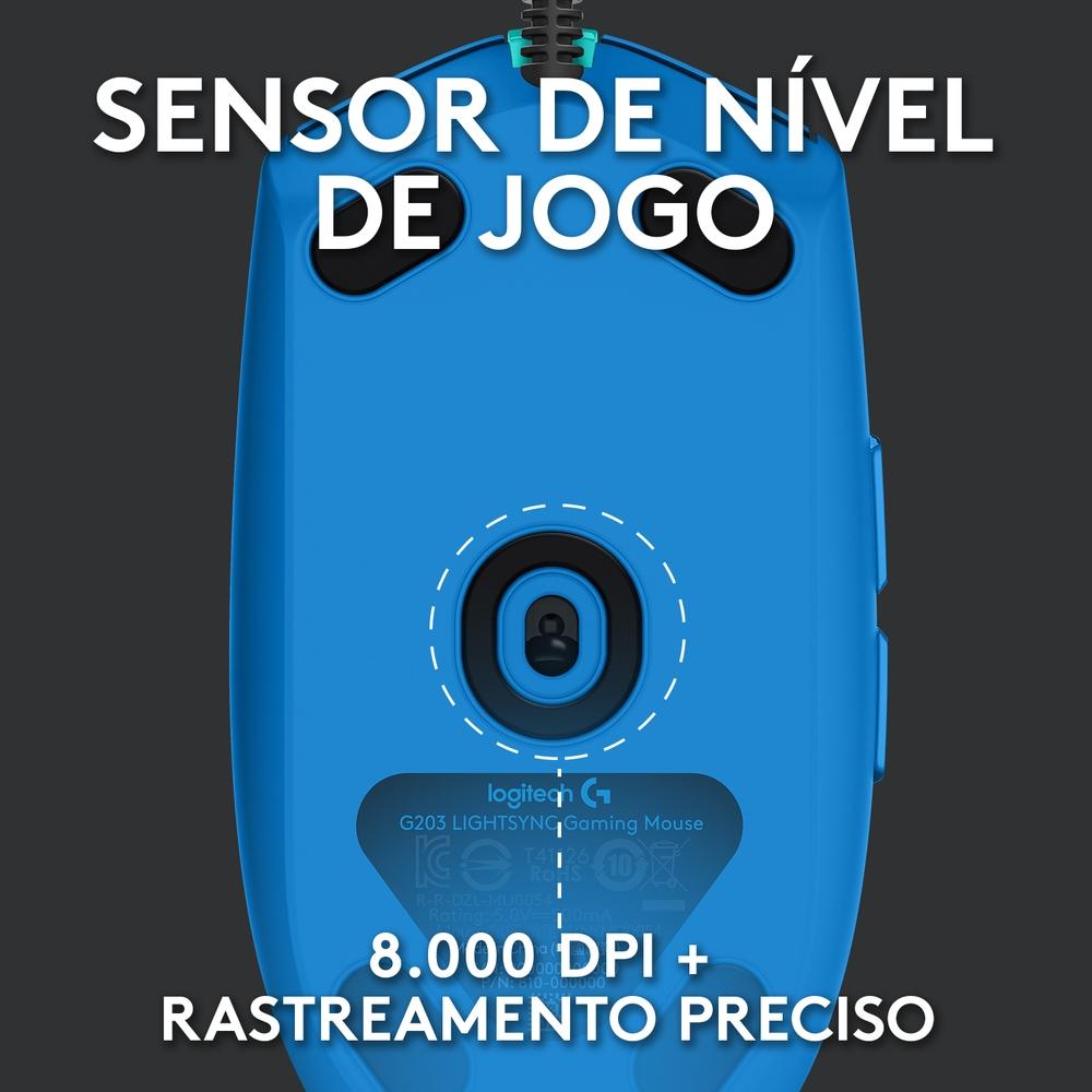 Mouse Gamer Logitech G203 LightSync RGB, Efeito de Ondas de Cores, 6 Botões,até 8.000 DPI, Azul