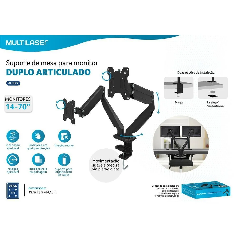 Suporte Articulado de Mesa para 2 Monitores 17'' 32'' com Ajuste de Altura e Pistão a Gás Multilaser