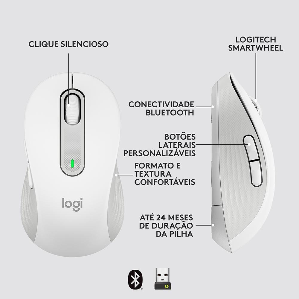 Mouse sem Fio Logitech Signature M650 L, 2000 DPI, 5 Botões, Silencioso, Bluetooth, USB, Branco