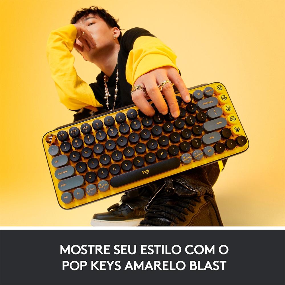 Teclado Mecânico sem Fio Logitech Pop Keys, Switch Brown, Bluetooth, Teclas Emoji, USB, Amarelo