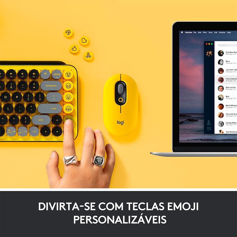 Teclado Mecânico sem Fio Logitech Pop Keys, Switch Brown, Bluetooth, Teclas Emoji, USB, Amarelo