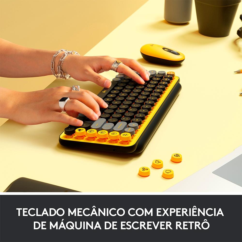 Teclado Mecânico sem Fio Logitech Pop Keys, Switch Brown, Bluetooth, Teclas Emoji, USB, Amarelo