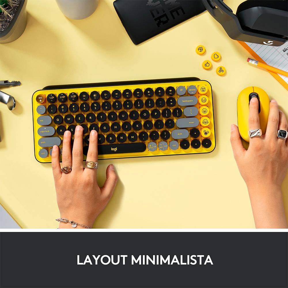 Teclado Mecânico sem Fio Logitech Pop Keys, Switch Brown, Bluetooth, Teclas Emoji, USB, Amarelo