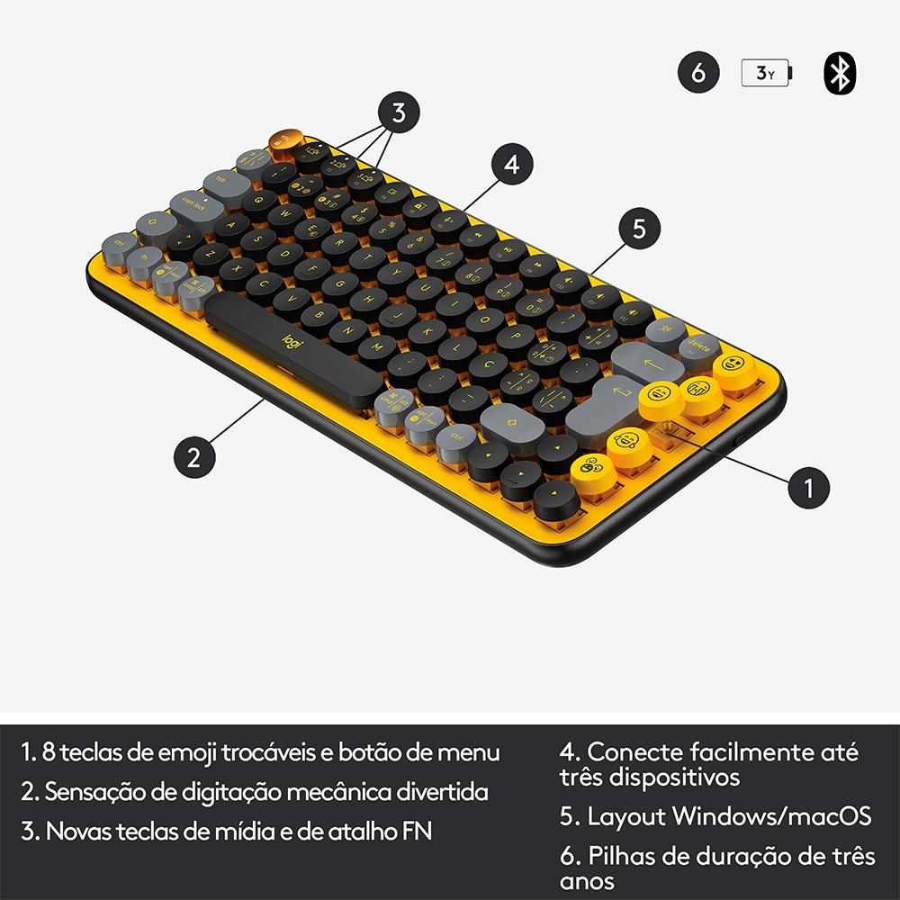 Teclado Mecânico sem Fio Logitech Pop Keys, Switch Brown, Bluetooth, Teclas Emoji, USB, Amarelo