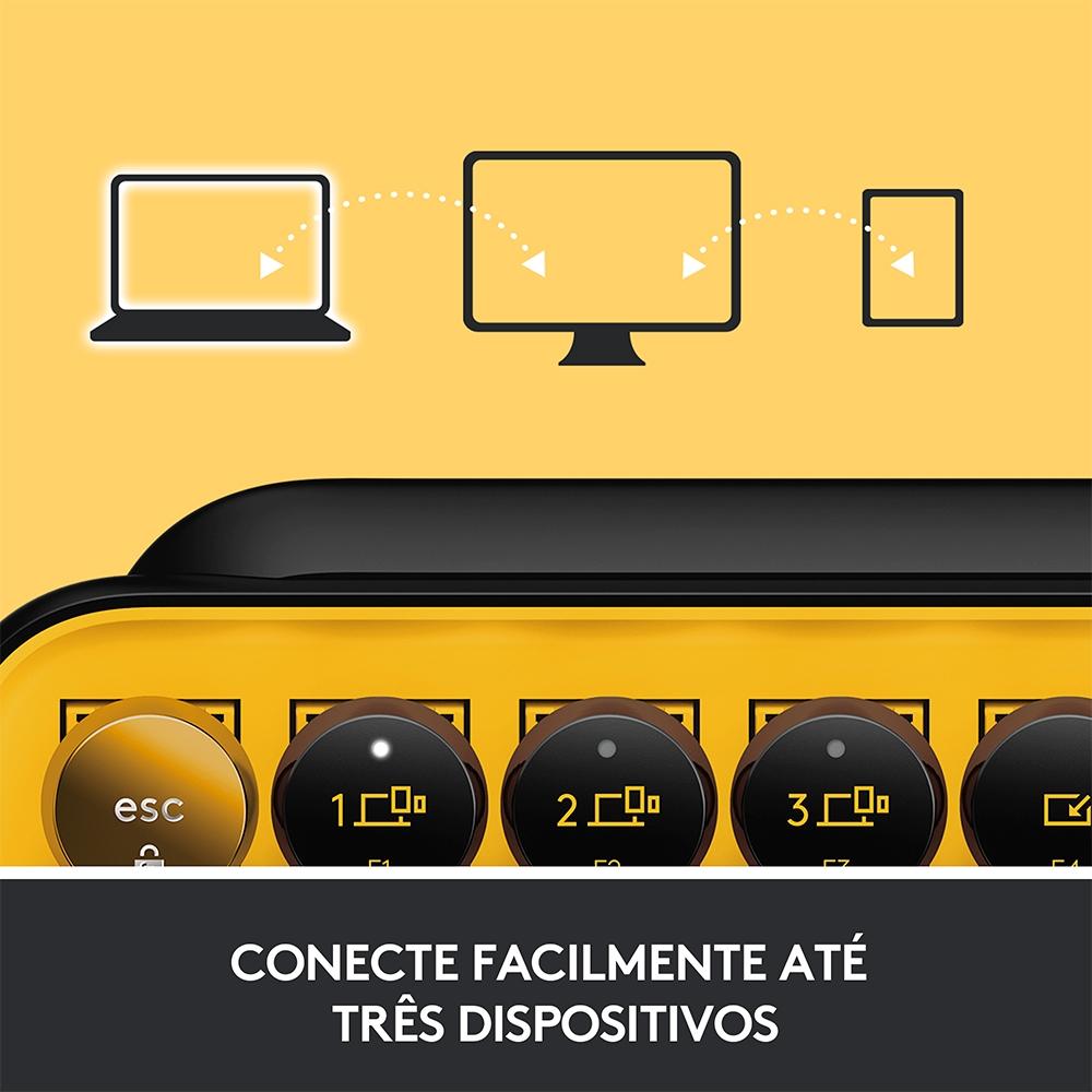 Teclado Mecânico sem Fio Logitech Pop Keys, Switch Brown, Bluetooth, Teclas Emoji, USB, Amarelo