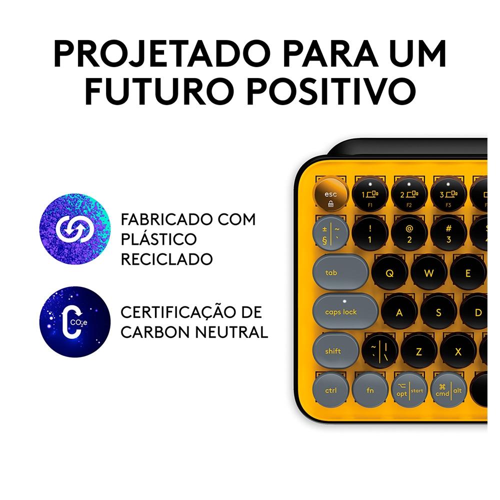 Teclado Mecânico sem Fio Logitech Pop Keys, Switch Brown, Bluetooth, Teclas Emoji, USB, Amarelo