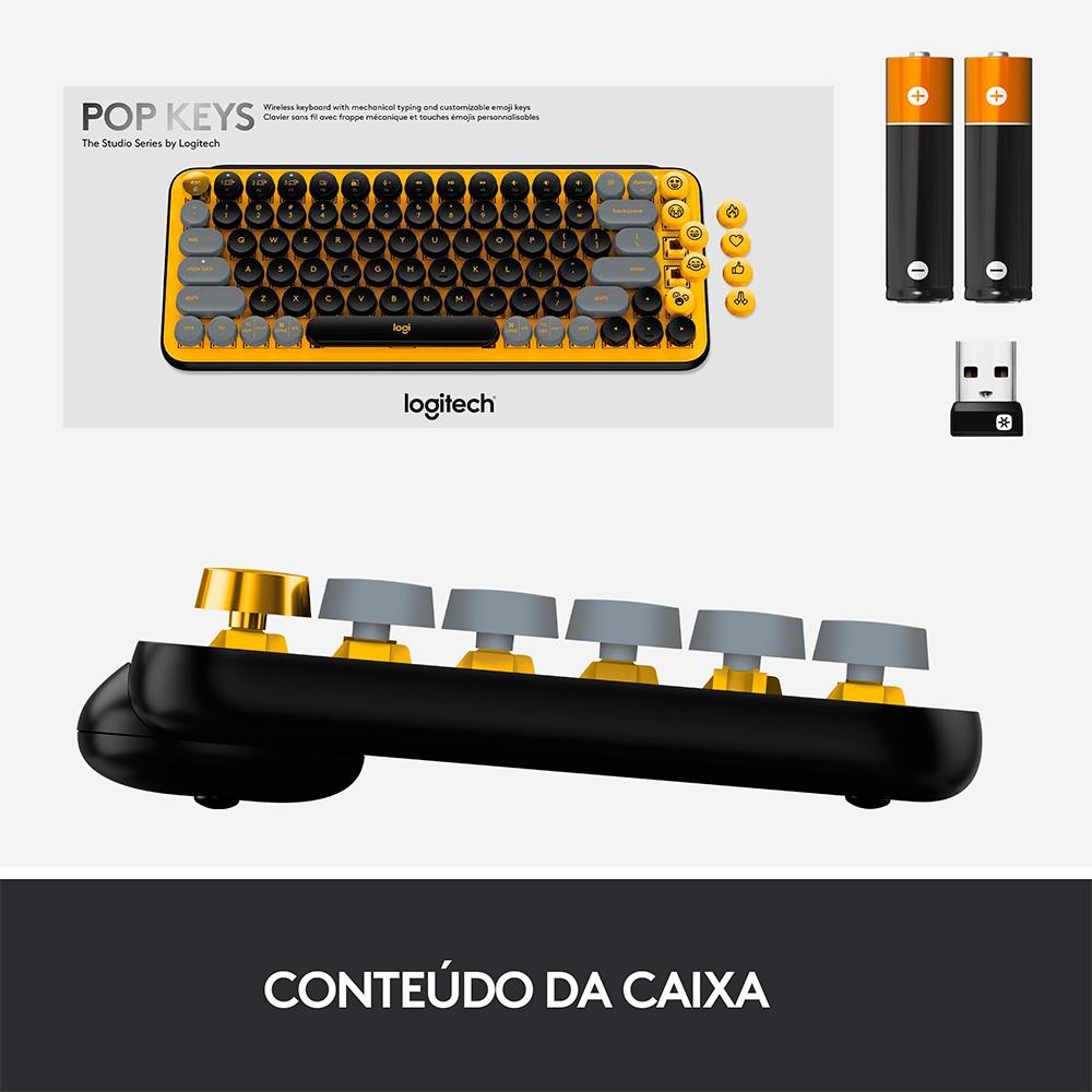 Teclado Mecânico sem Fio Logitech Pop Keys, Switch Brown, Bluetooth, Teclas Emoji, USB, Amarelo