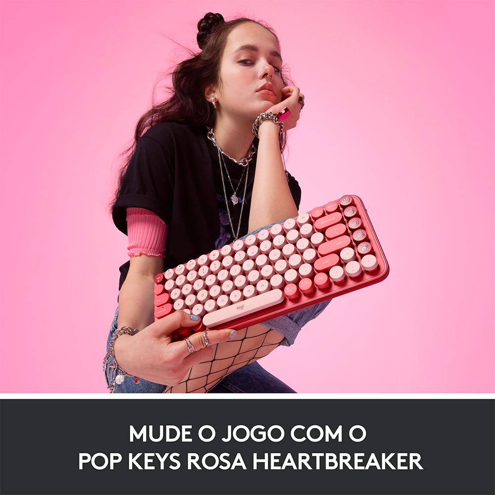 Teclado Mecânico sem Fio Logitech Pop Keys, Switch Brown, Bluetooth, Teclas Emoji, USB, Rosa