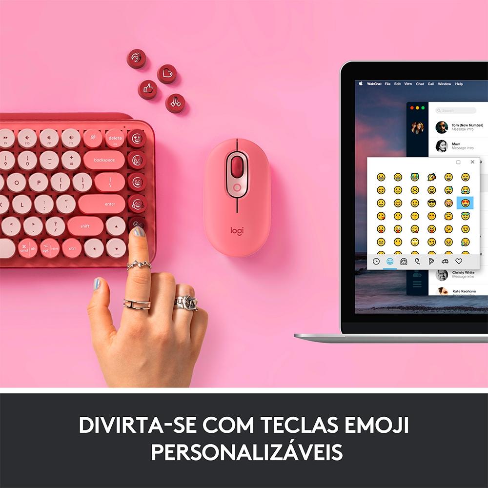 Teclado Mecânico sem Fio Logitech Pop Keys, Switch Brown, Bluetooth, Teclas Emoji, USB, Rosa