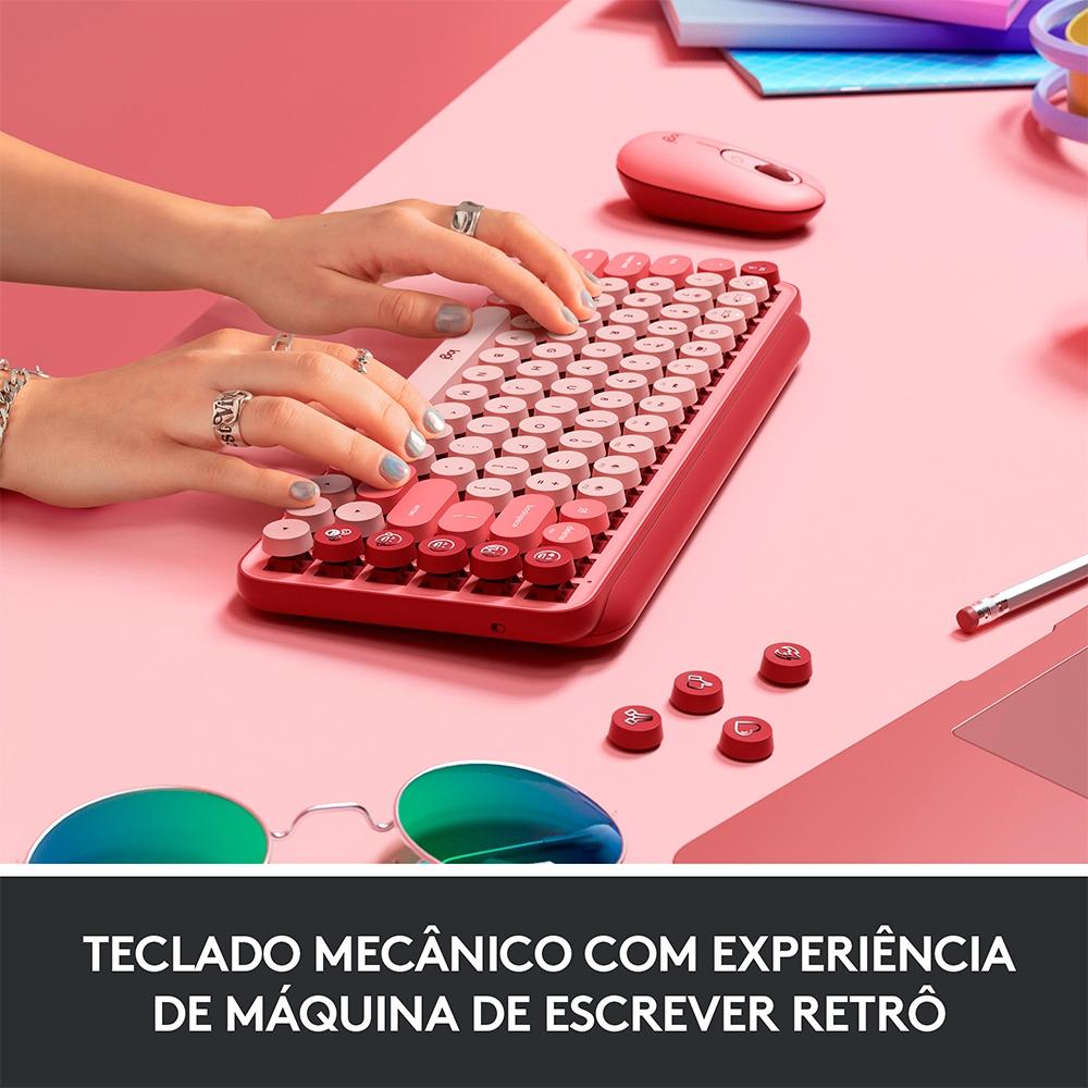 Teclado Mecânico sem Fio Logitech Pop Keys, Switch Brown, Bluetooth, Teclas Emoji, USB, Rosa