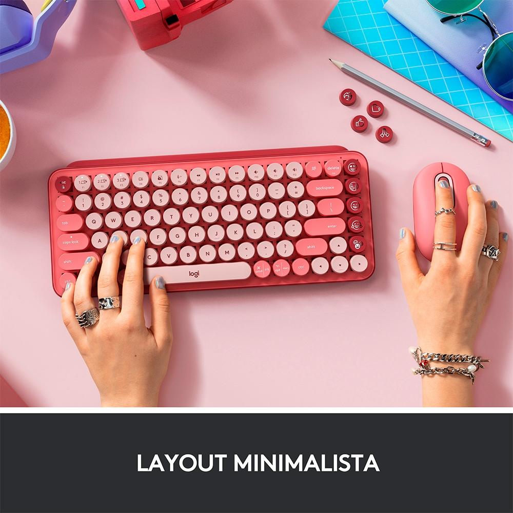 Teclado Mecânico sem Fio Logitech Pop Keys, Switch Brown, Bluetooth, Teclas Emoji, USB, Rosa