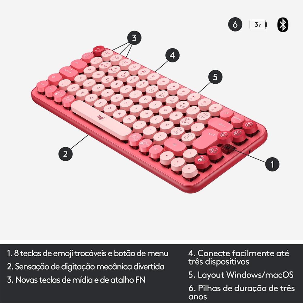 Teclado Mecânico sem Fio Logitech Pop Keys, Switch Brown, Bluetooth, Teclas Emoji, USB, Rosa
