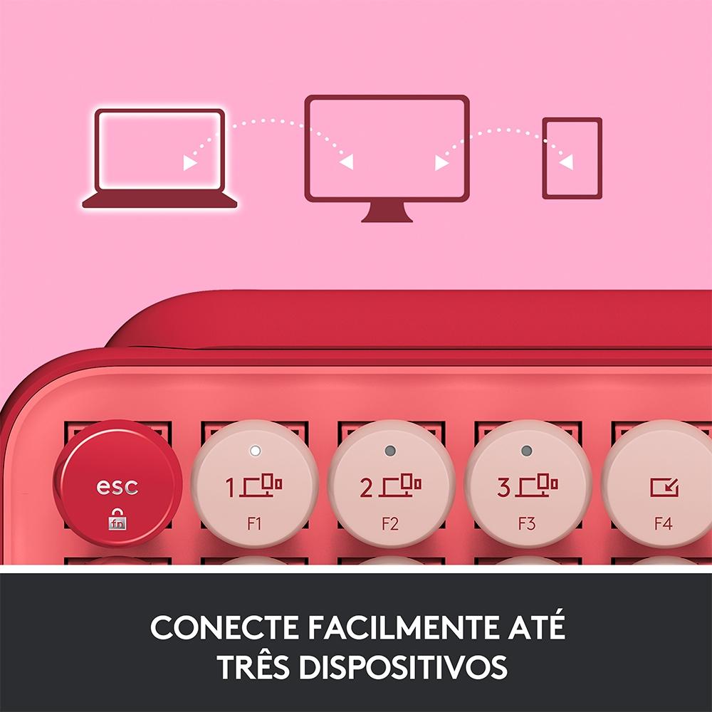 Teclado Mecânico sem Fio Logitech Pop Keys, Switch Brown, Bluetooth, Teclas Emoji, USB, Rosa